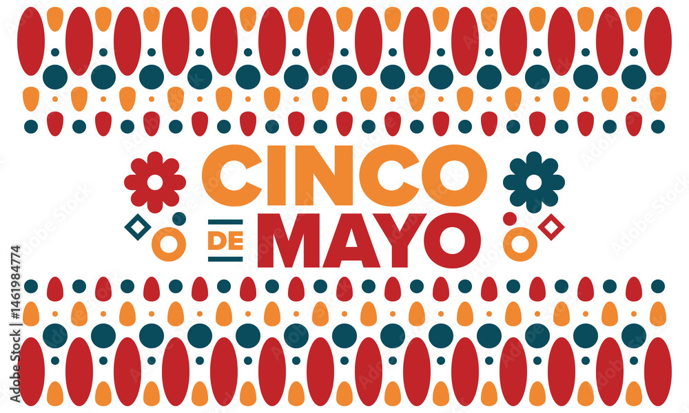 Fototapeta premium Cinco de Mayo in Mexico. Traditional mexican fiesta in May. National happy holiday with carnival, festival and parade. Latin american and spanish pattern. Illustration with sombrero. Vector poster