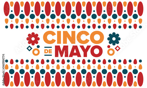 Cinco de Mayo in Mexico. Traditional mexican fiesta in May. National happy holiday with carnival, festival and parade. Latin american and spanish pattern. Illustration with sombrero. Vector poster
