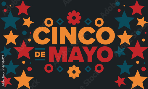 Cinco de Mayo in Mexico. Traditional mexican fiesta in May. National happy holiday with carnival, festival and parade. Latin american and spanish pattern. Illustration with sombrero. Vector poster
