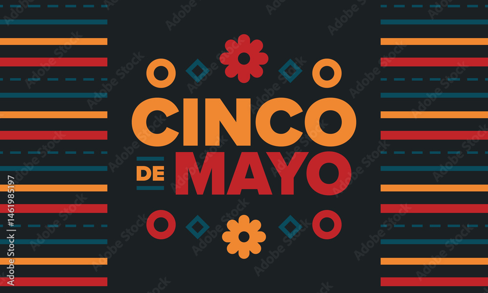Fototapeta premium Cinco de Mayo in Mexico. Traditional mexican fiesta in May. National happy holiday with carnival, festival and parade. Latin american and spanish pattern. Illustration with sombrero. Vector poster