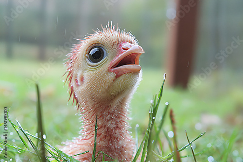 name : turkey poult looking up dewy grass,