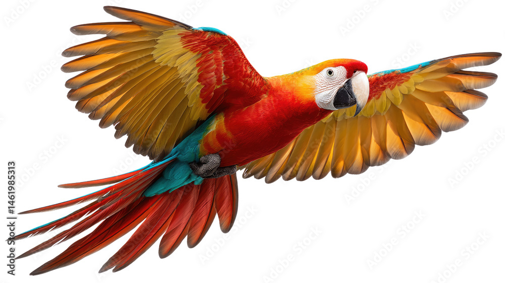 Fototapeta premium Parrot in Flight: Capturing the vibrant beauty and effortless grace of a scarlet macaw in mid-air, wings spread wide, showcasing its striking plumage. 