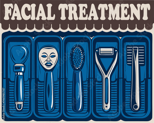 Facial treatment tools arranged in a tray on a blue background  