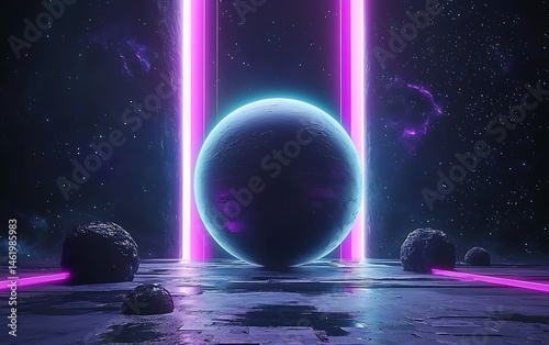 Neon space planet, glowing beams, cosmic scene
