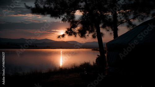 Sunrise over a mongolian yurt, oblation peaceful lakeshore serenity