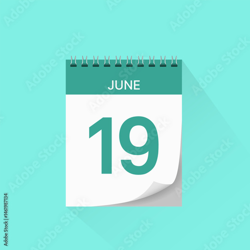 Day calendar icon with date 19 June. Business schedule sign, event calendar reminder, meeting appointment date symbol, page calendar agenda planner, calendar deadline template, vector illustration.