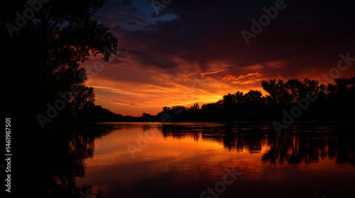 Sunset over the river think over the brilliant orange and red hues of the sky on the calm water.