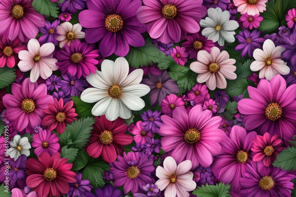 Fototapeta premium Intricate floral pattern with vibrant flowers in purple, pink, and white, featuring a central blank card or frame for text or imagery