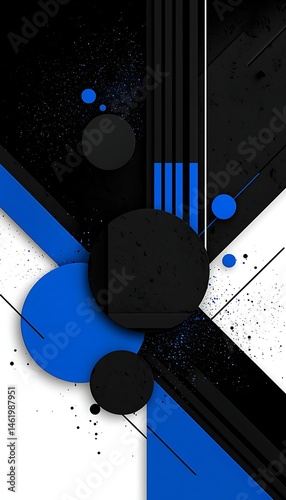 Abstract geometric design with black, blue, and white shapes
