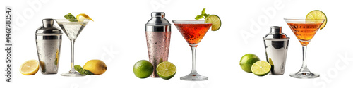 Collection of cocktail shakers with mixed drinks and citrus, transparent background.