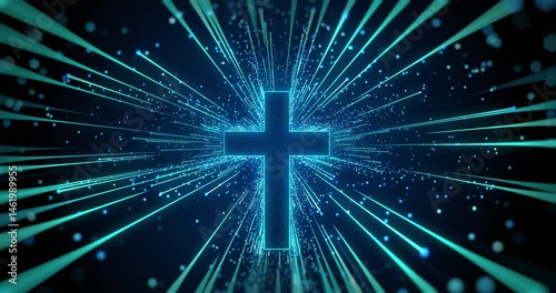 Cross animation with lights and particles on blue. Easter, resurrection, new life, church background 4k. I made this video with After Effects, using its 3D animation features.
