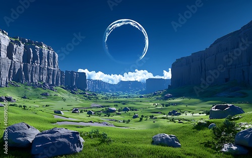 Alien valley with ringed planet Lush green landscape, gray cliffs