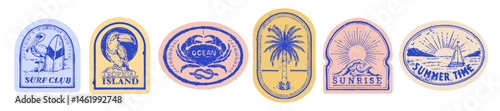 Summer beach postage sticker set, vector exotic ocean doodle print, hand drawn vintage tropical logo. Coastal vacation postal stamps, Hawaii marine emblem, surfboard sign, crab, palm. Summer sticker