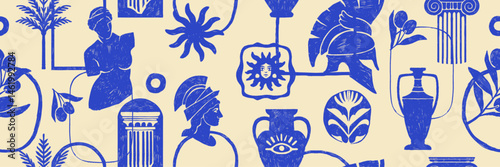 Mediterranean Greek seamless pattern, hand drawn ancient texture design, antique sculpture column. Blue abstract summer travel decoration print, old amphora silhouette, statue. Mediterranean pattern