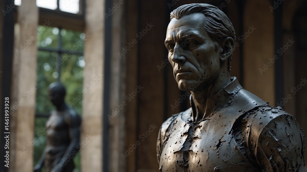 A statue of Viktor, a mirror at his chest reflecting a crumbling phantom city A statue of Viktor, a mirror at his chest reflecting a crumbling phantom city