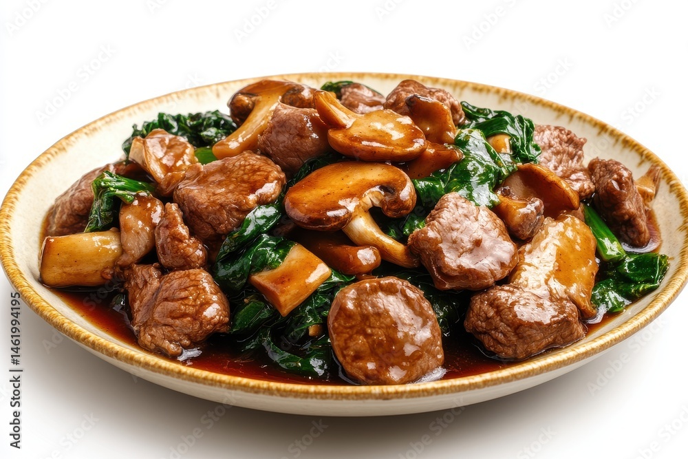 Beef with mushrooms and greens on plate isolated on white background Beef with mushrooms and greens on plate isolated on white background