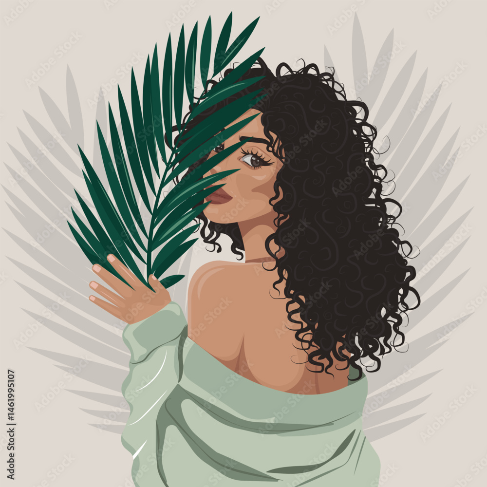 Stylish vector of a curly-haired woman hiding behind a tropical palm leaf. Ideal for beauty, lifestyle, fashion projects or editorial use.