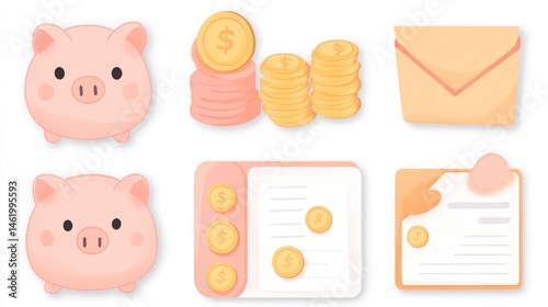 Cute piggy bank, coins, envelope, and ledger icons for saving