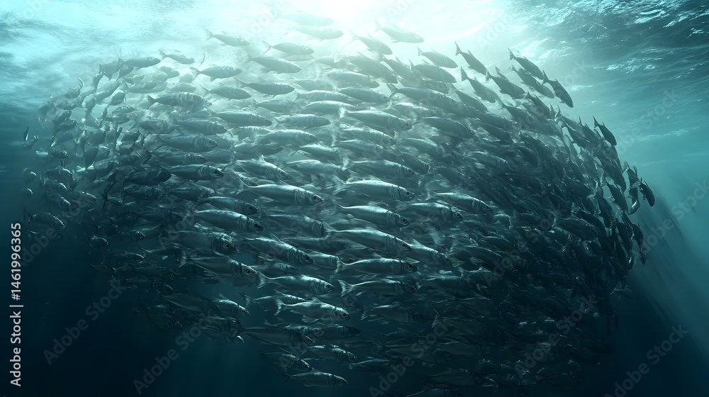 Naklejka premium Underwater school of fish forming a circular pattern.