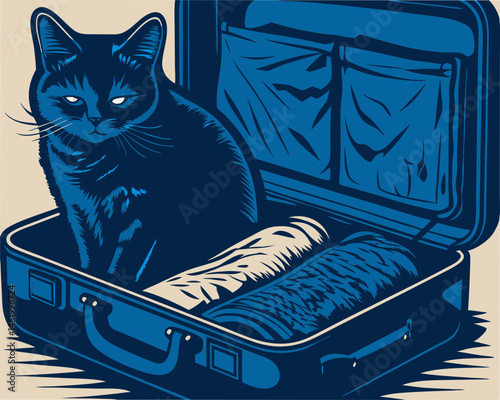 Cat sitting in an open suitcase against a minimal background  