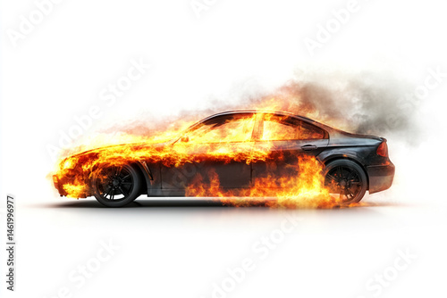 Vehicle fire with a pure white background