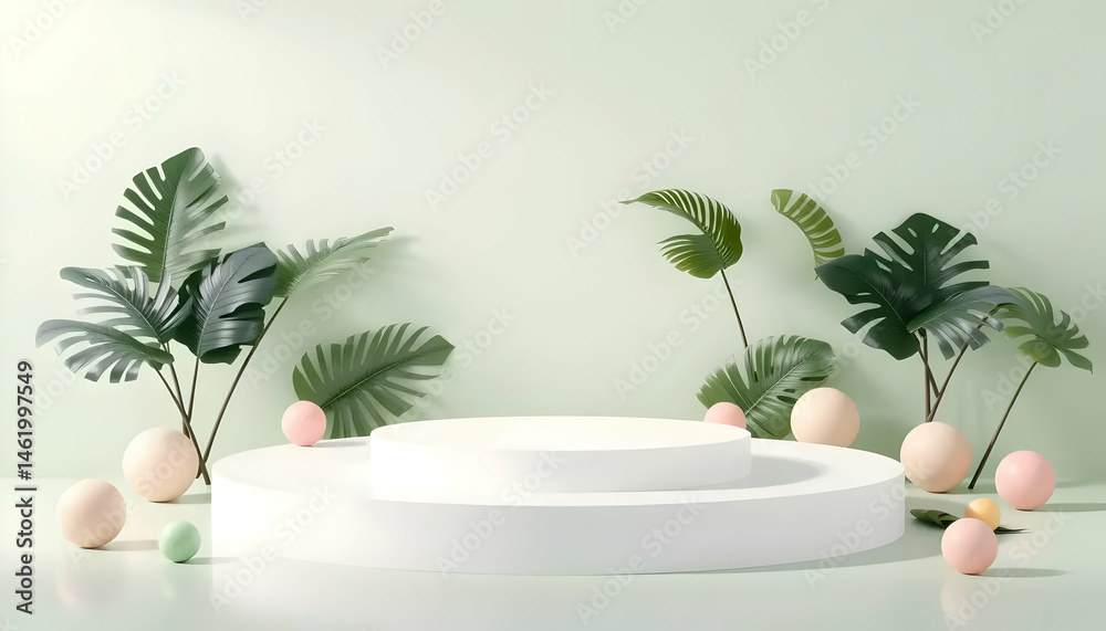 Obraz premium Pastel Easter Eggs and Tropical Green Leaves Surrounding a White Tiered Display on Soft Green Background for Product Presentation Showcase or Holiday Spring Decor