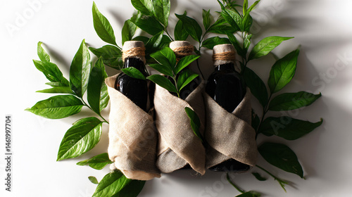 Three bottles wrap in cloth and surrounded by green leaves on a livid background.