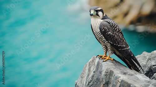 A peregrine falcon perched on a craggy rock overlooking the water.