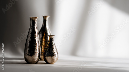 Three hammered metal vases placed on a white surface, in figurehead of a simple blank scope
