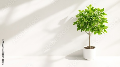 A small potted plant, vibrant greenery against a plain white backdrop, casting dramatic shadows