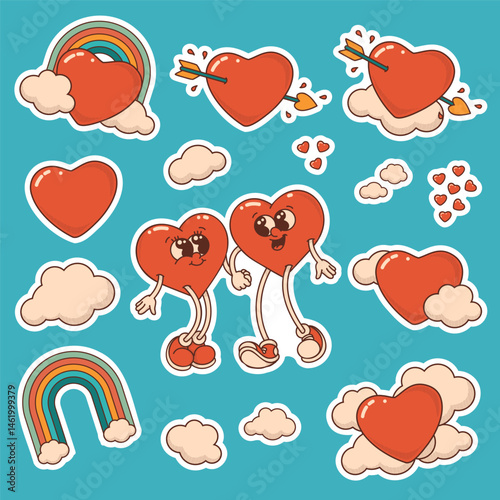 Heart mascot set in retro groovy style sticker set. Valentine's Day vintage heart character, rainbow, clouds, arrows