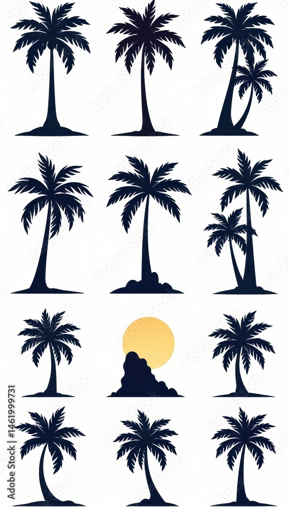 Fototapeta premium Silhouette icons of various coconut trees, isolated on white , palm silhouettes, palm tree, white background