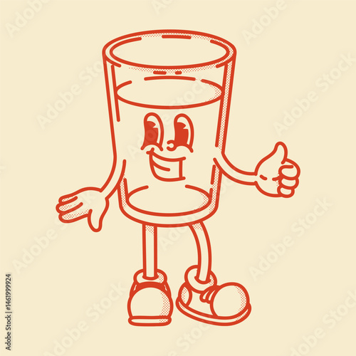 A cheerful cartoon glass of water or other drink mascot in shoes smiling. Bar menu, healthy life symbol. Finger up