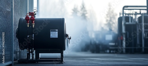 A compressed air dryer on the left, hazy background of industrial air system, right open 