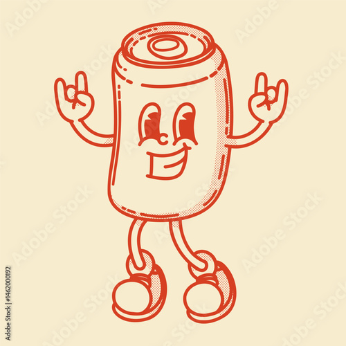 A cheerful cartoon tin can of drink mascot in shoes smiling. Bar menu symbol. Stands with hands raised with rock gesture