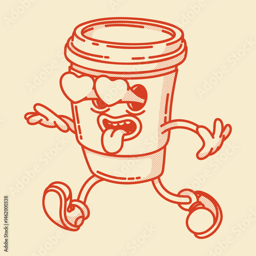 Smiling friendly coffe to go character mascot in shoes. Coffee shop mascot symbol. Heart and love