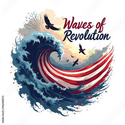 Powerful wave with the usa flag and eagles soaring, symbolizing revolution and national pride