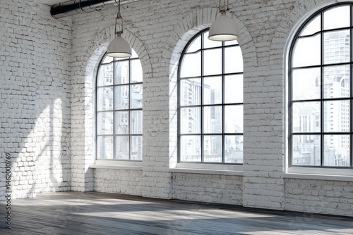 Spacious loft interior, white brick walls, arched windows, city view.  Sunlight streams in