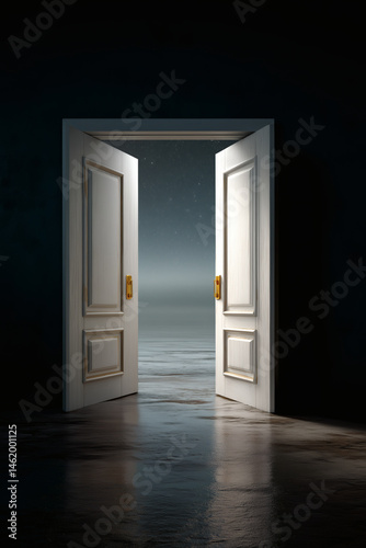 An open door offers a glimpse into a serene nightscape with stars, reflecting off a shining surface.
