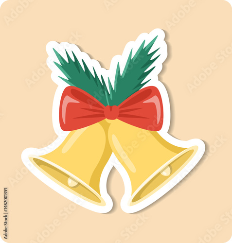 Two golden christmas bells ringing with red bow and pine branches