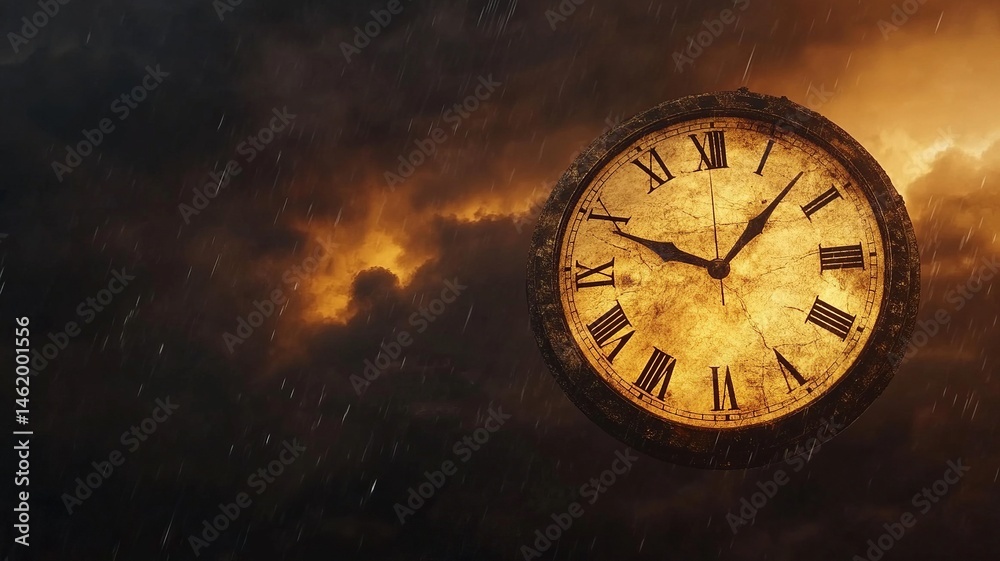 custom made wallpaper toronto digitalA massive golden clock suspended in a stormy sky, illuminated by dramatic light, symbolizing urgency and the end times.

