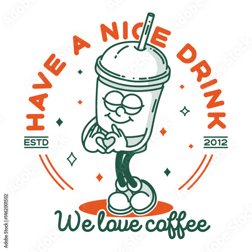Coffee to go shop promo banner flyer signboard logo template. Retro coffe to go mascot