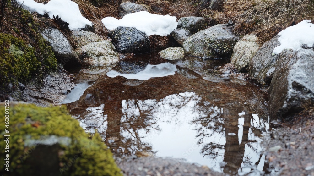 Fototapeta premium Frozen puddle reflecting winter trees