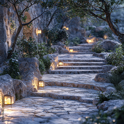 Illuminated stone pathway serene garden scenic image nighttime tranquil atmosphere