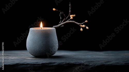 A single, lit candle in a textured, gray container, nestled on a dark surface, with a delicate branch resting nearby.  A serene and minimalist aesthetic