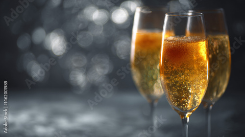 Three champagne flute with bubbly drinks against a gray background for solemnization
