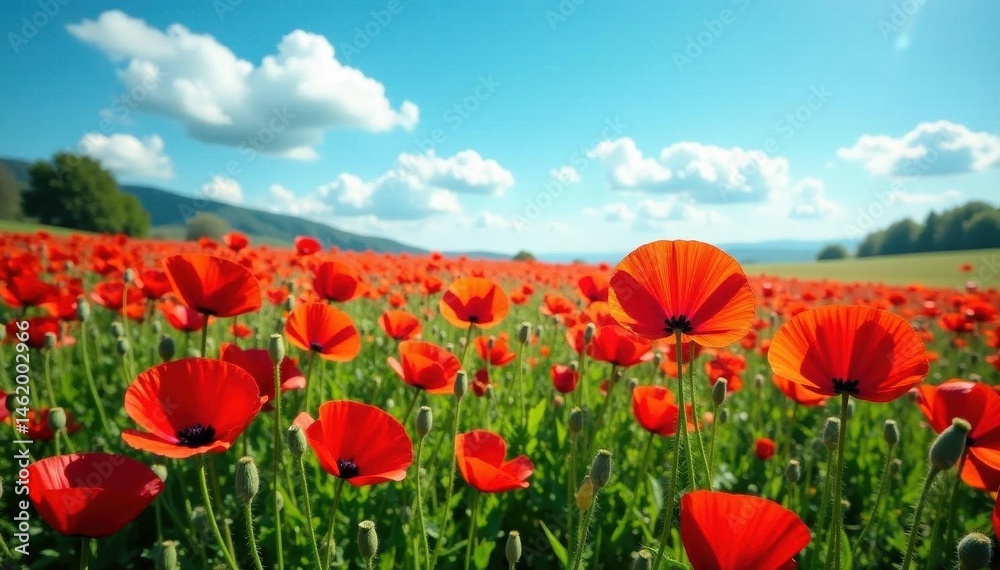 Obraz premium Sea of red poppies under a clear blue sky, abundant summer wildflowers , flowers, grassland, picture