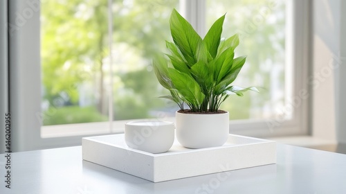 A minimalist plant arrangement on a tray by a window
