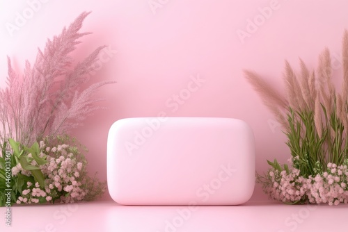 Pink display podium with pampas grass