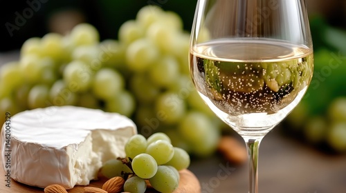 A glass of white wine, brie cheese, and grapes